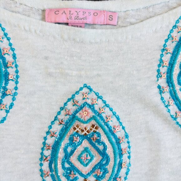 Calypso St. Barth Blue Beaded Embellished Diamond Linen Top Boat Neck Size S - Picture 3 of 8